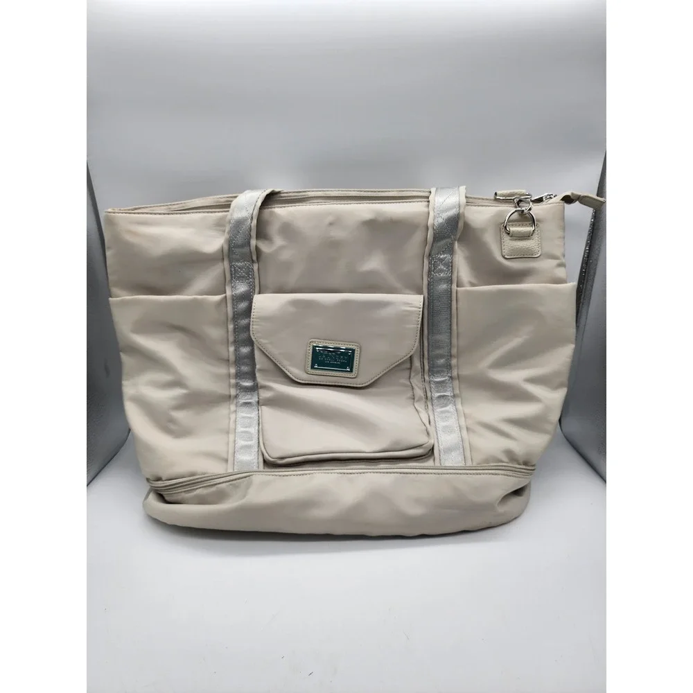 Laundry by Shelli Segal Nylon Tote Bag Beige Silver Trim Travel Gym Weekender